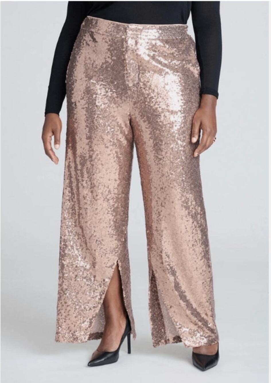 Eloquii Gold Sequin Wide Leg Pants Size 24 Plus Size Leg Vent Holiday Party